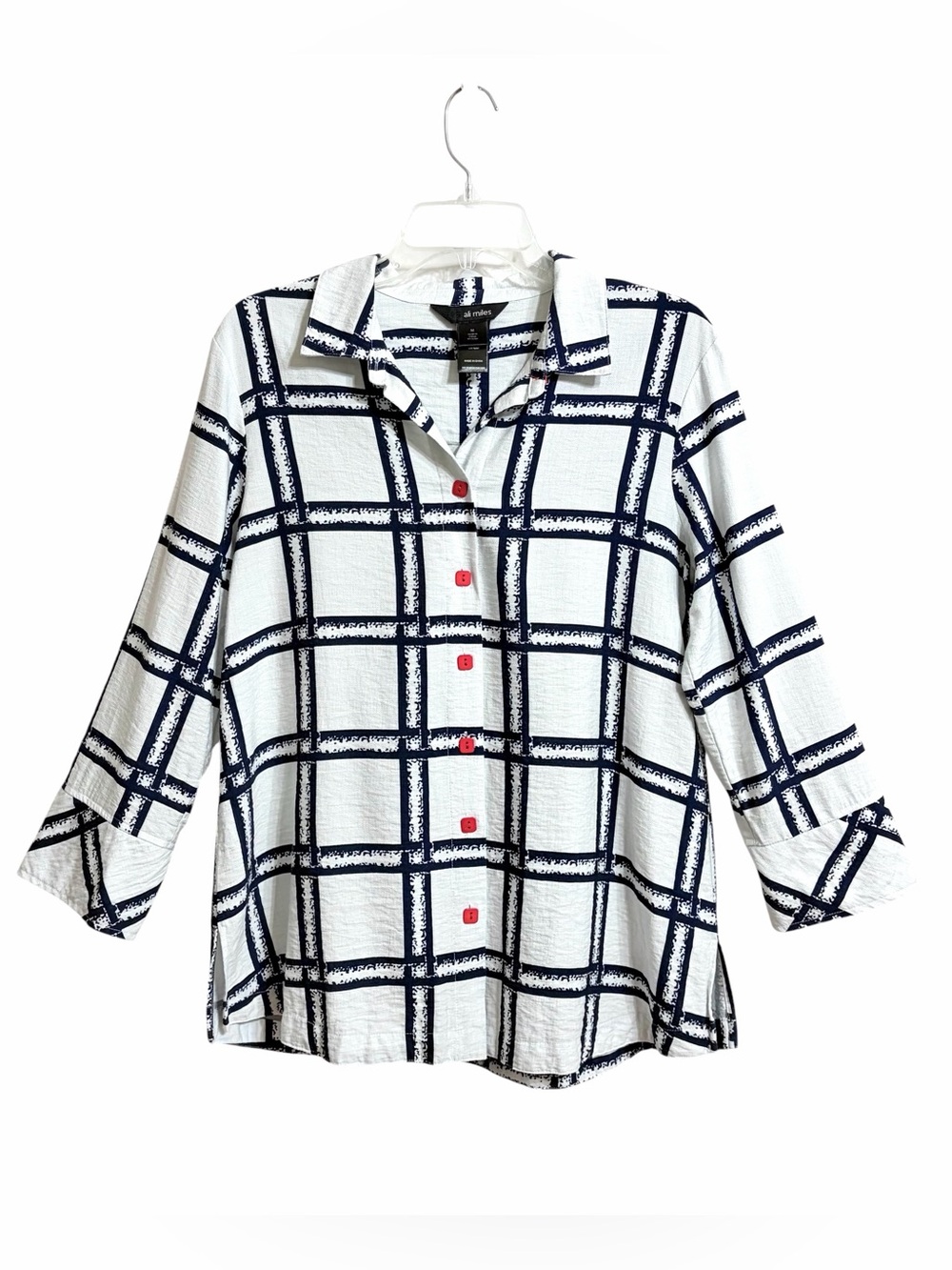 Ali Miles Lagenlook Plaid Button Up Shirt M White Blue Euro Summer Art to Wear